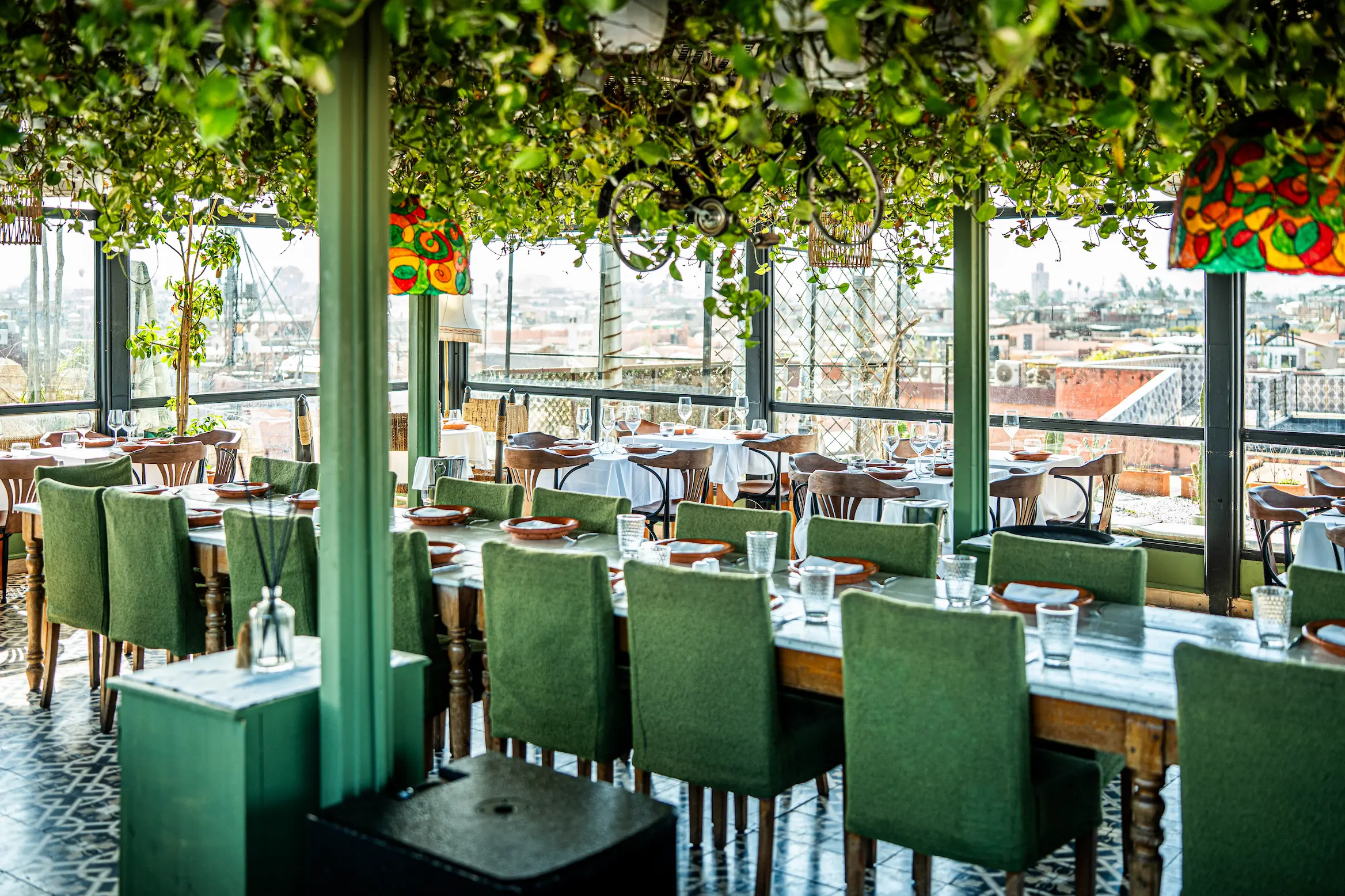 Elegant French Colonial and Casablanca-style interior design at Le Salama restaurant near Jemaa el-Fnaa