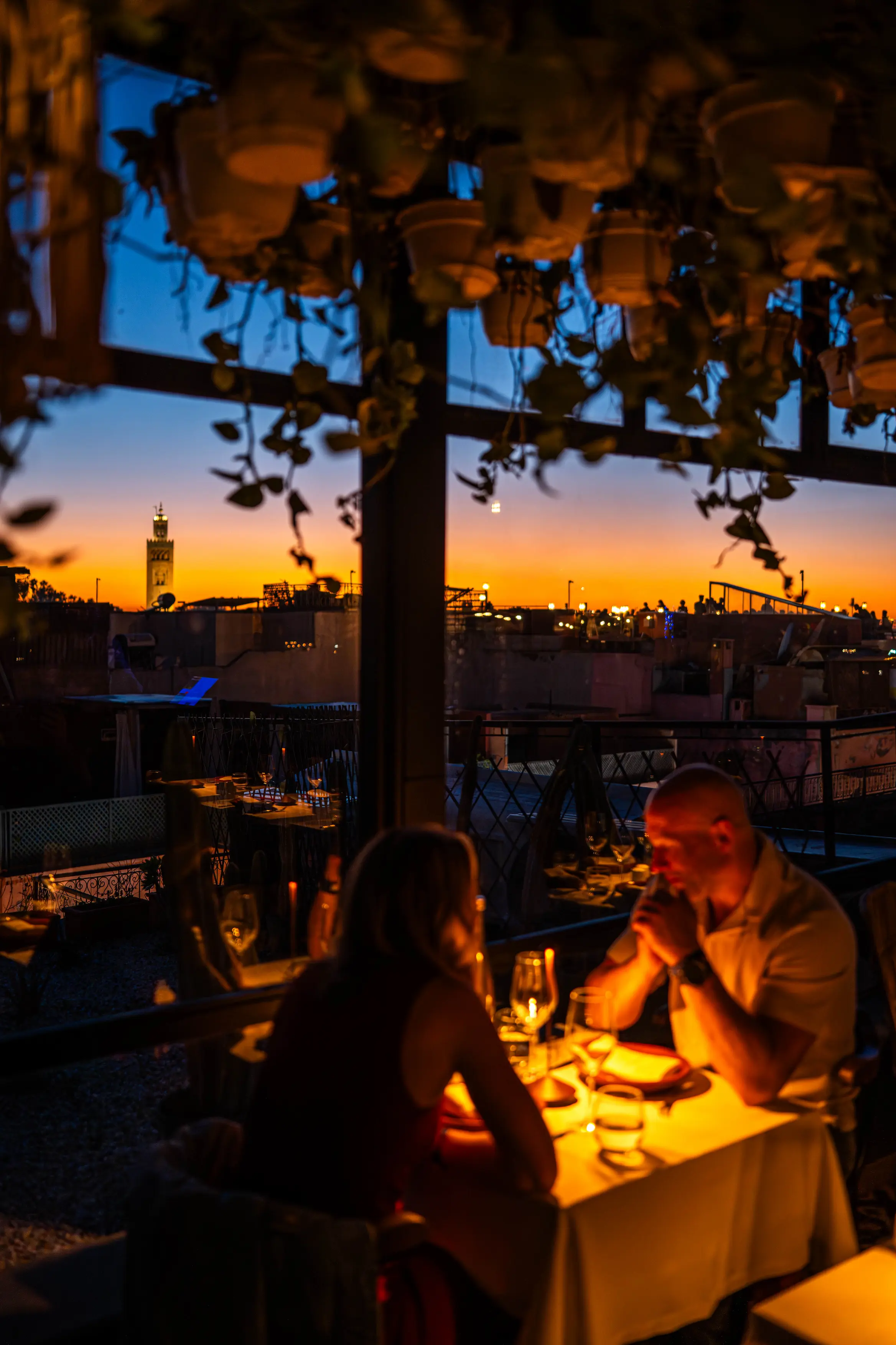 Lush tropical Skybar and rooftop garden at Le Salama Marrakech, the best spot for sunset cocktails