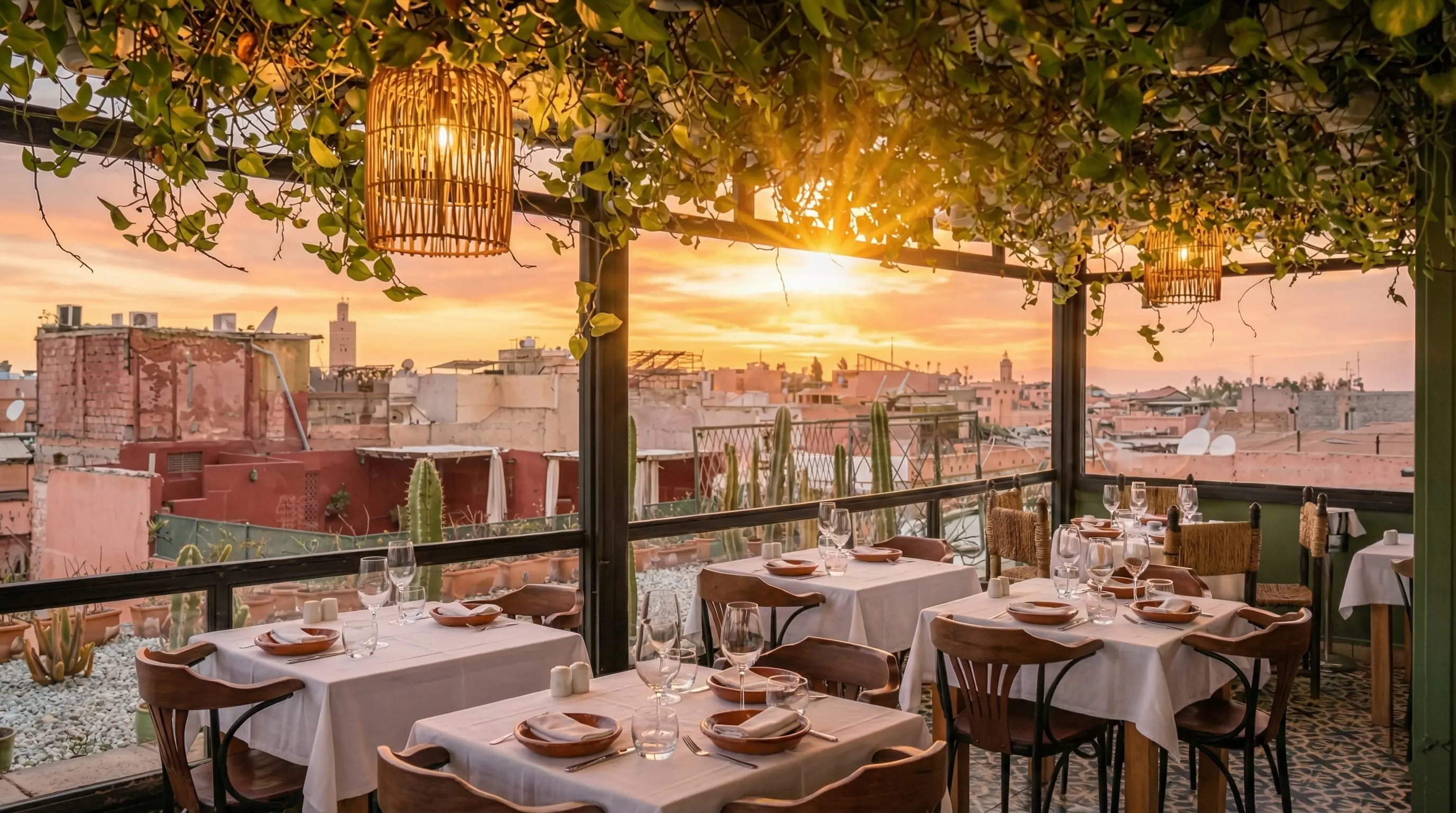 Magical sunset view and cocktails from the rooftop restaurant of Le Salama Marrakech